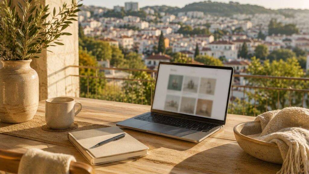 Mesa com chávena, caderno e jarra decorativa em primeiro plano, com vista panorâmica sobre Leiria e o castelo ao pôr do sol, associada ao tema CBD em Leiria.
