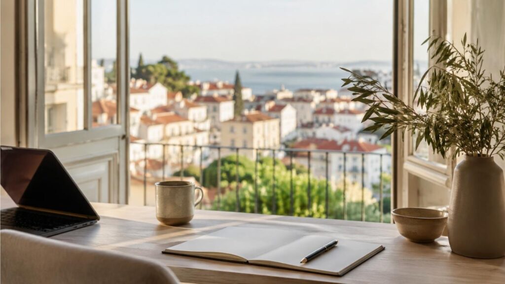 Secretária com portátil, chávena, caderno e jarra com ramos junto a uma varanda com vista panorâmica sobre a cidade, num ambiente luminoso associado a CBD em Lisboa.