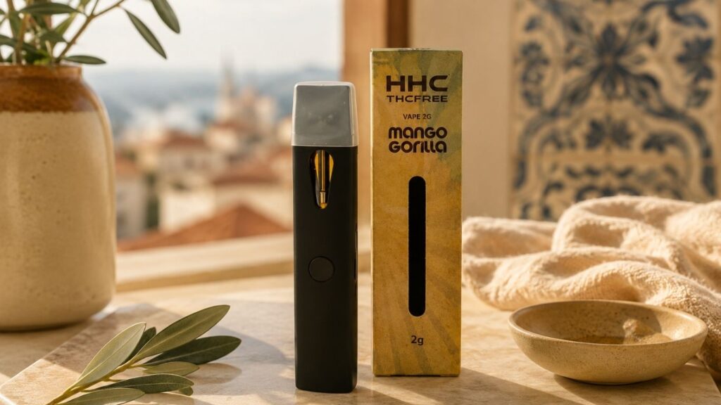 Dispositivo vape e respetiva embalagem em cima de uma superfície clara, com elementos decorativos e fundo desfocado de cidade, numa composição associada a CBD em Lisboa.