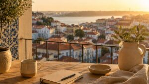 Mesa de exterior com chávena, caderno, taça e elementos decorativos, enquadrada por plantas e uma vista sobre a cidade ao pôr do sol, num cenário associado a CBD em Lisboa.