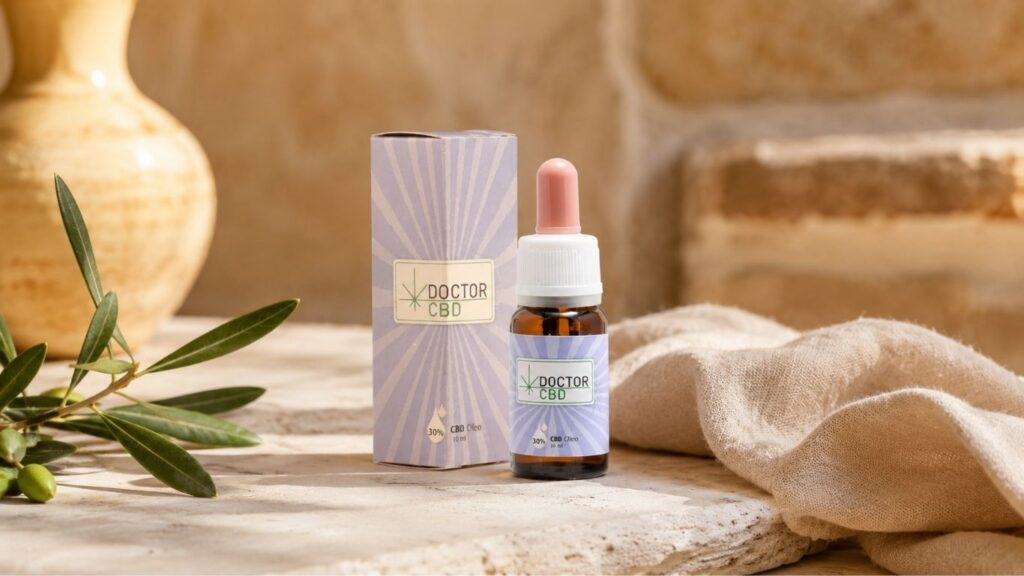 Frasco de óleo Doctor CBD com embalagem ao lado, pousado sobre uma superfície de pedra com tecido claro e folhas decorativas, numa composição associada a CBD em Portalegre.