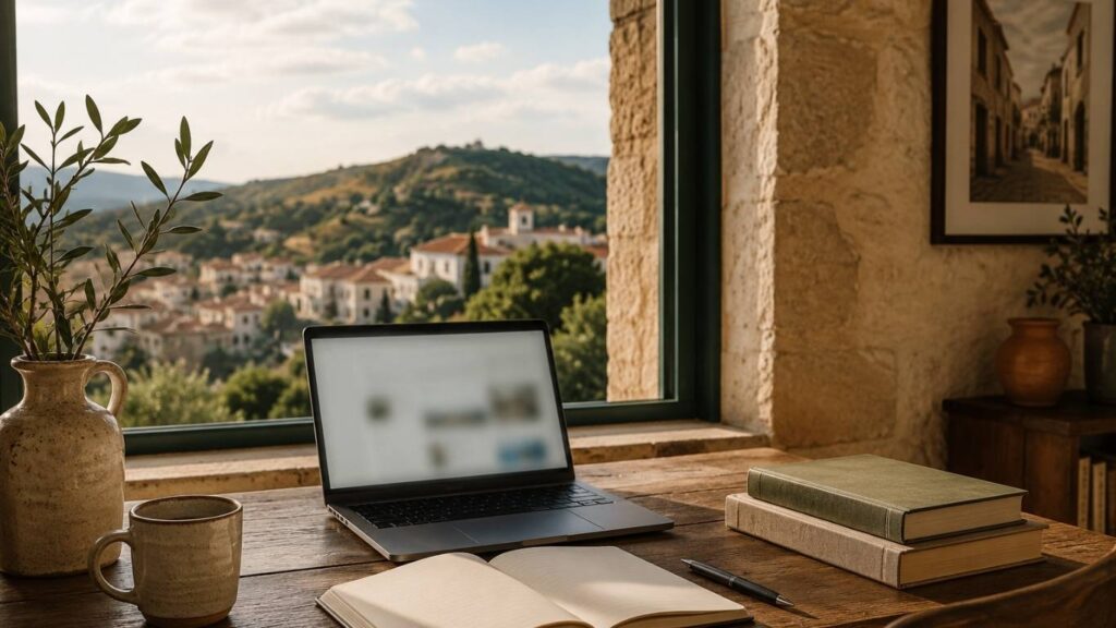 Mesa de madeira com portátil, livros, caderno aberto e chávena junto a uma grande janela com vista sobre uma vila e colinas, num cenário ligado a CBD em Portalegre.