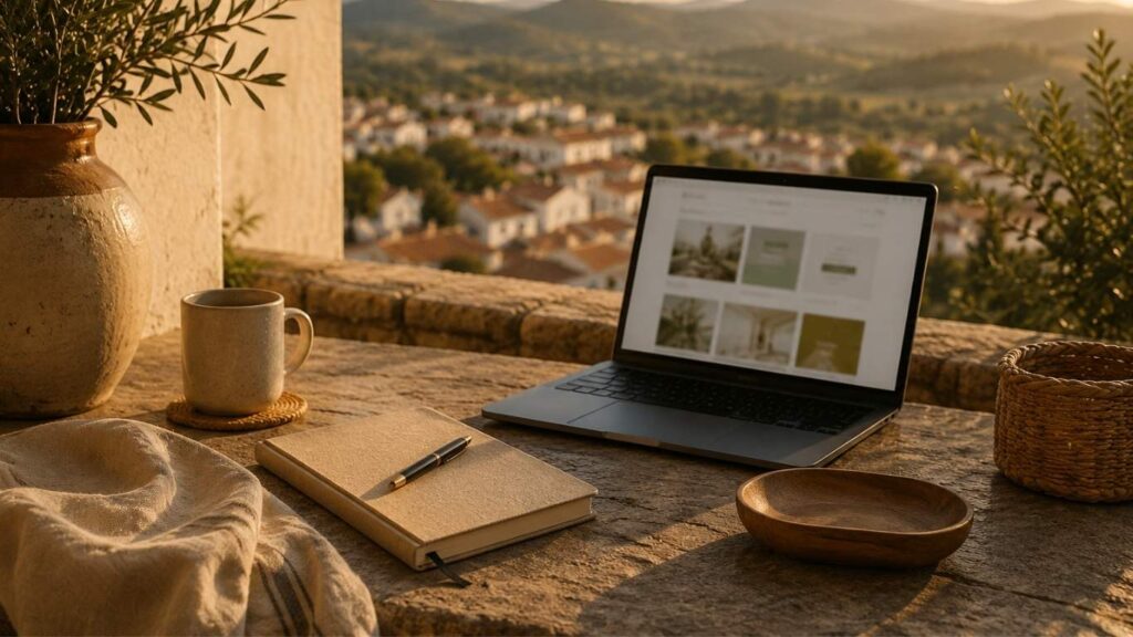 Mesa de exterior com portátil, chávena, caderno e elementos decorativos, enquadrada por uma vista ampla sobre a vila e as montanhas ao pôr do sol, associada a CBD em Portalegre.