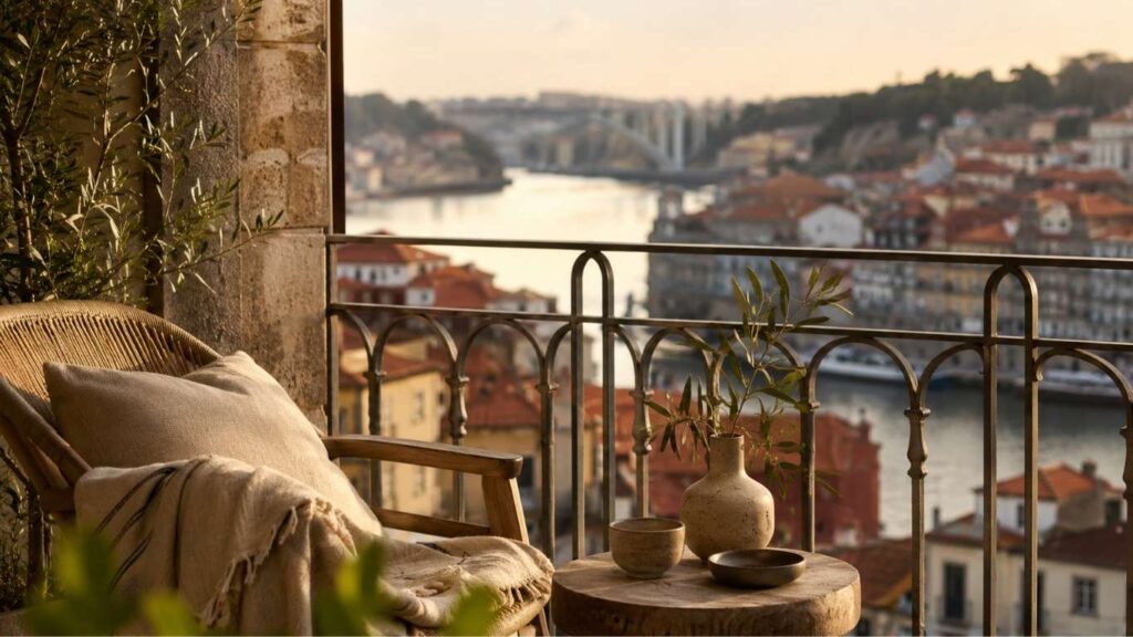 Cadeira com manta, mesa redonda com vaso e peças decorativas numa varanda com vista para o rio e para os telhados da cidade, num ambiente ligado a CBD no Porto.
