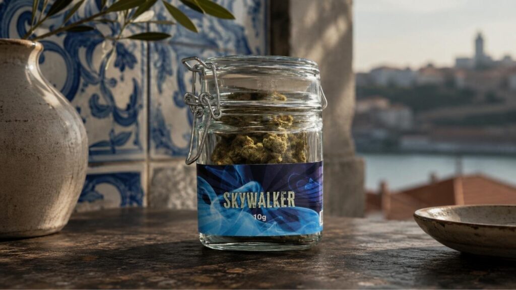 Frasco de vidro com flores CBD pousado sobre uma superfície de pedra, com azulejos azuis e vista desfocada da cidade ao fundo, numa composição associada a CBD no Porto.