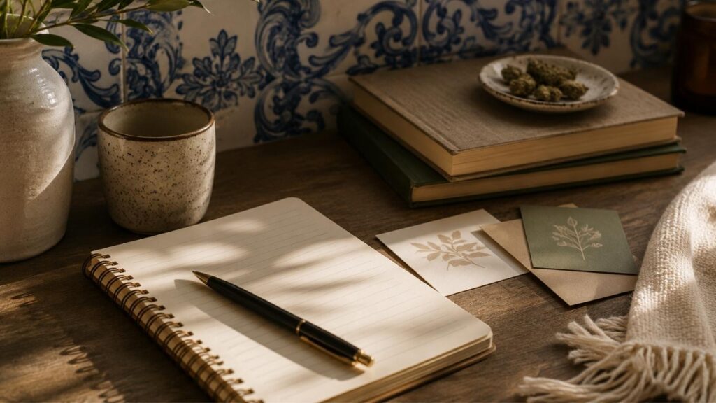 Caderno aberto com caneta, chávena, livros e pequenos cartões decorativos sobre uma mesa de madeira com azulejos ao fundo, numa imagem relacionada com CBD no Porto.