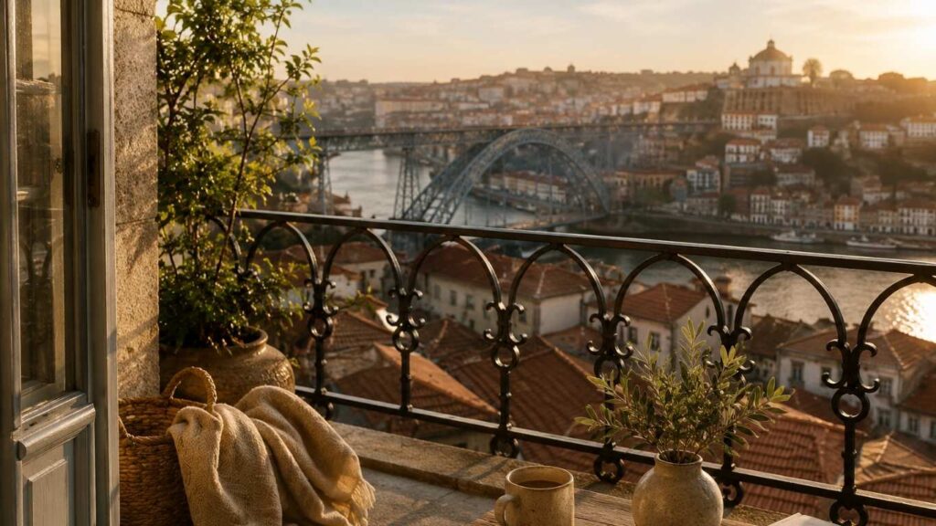 Terraço com manta, caneca, vaso e livro sobre uma mesa, com vista ampla sobre o rio, a ponte e a cidade ao pôr do sol, associado a CBD no Porto.