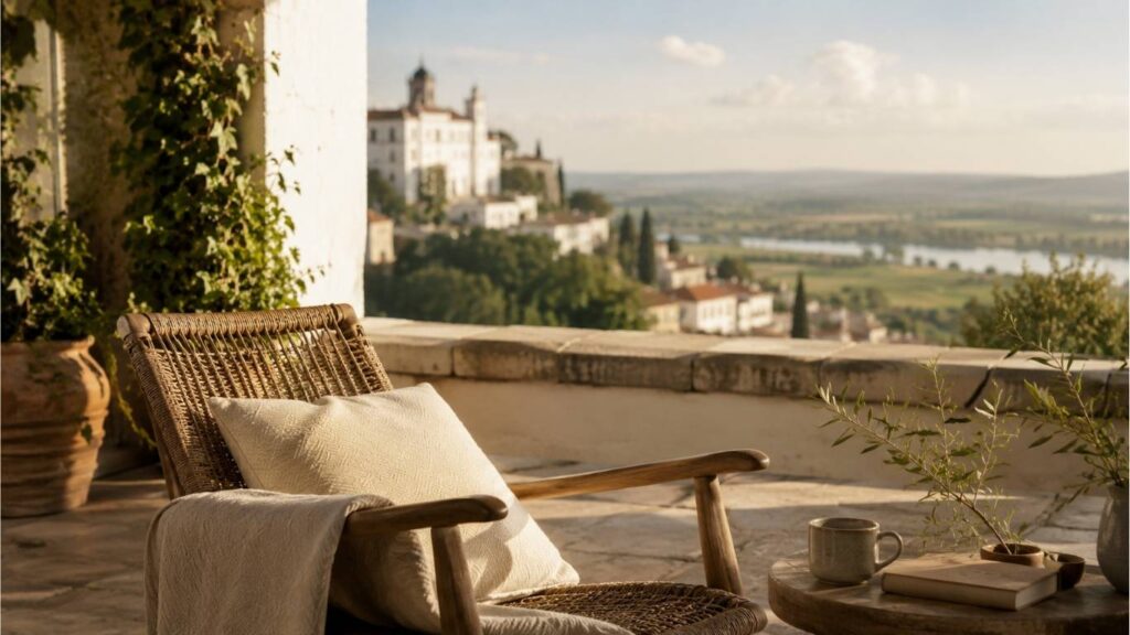 Cadeira de descanso com almofada e manta junto a uma mesa redonda com chávena e livro, com vista ampla sobre a paisagem e um edifício histórico, numa imagem sobre CBD em Santarém.