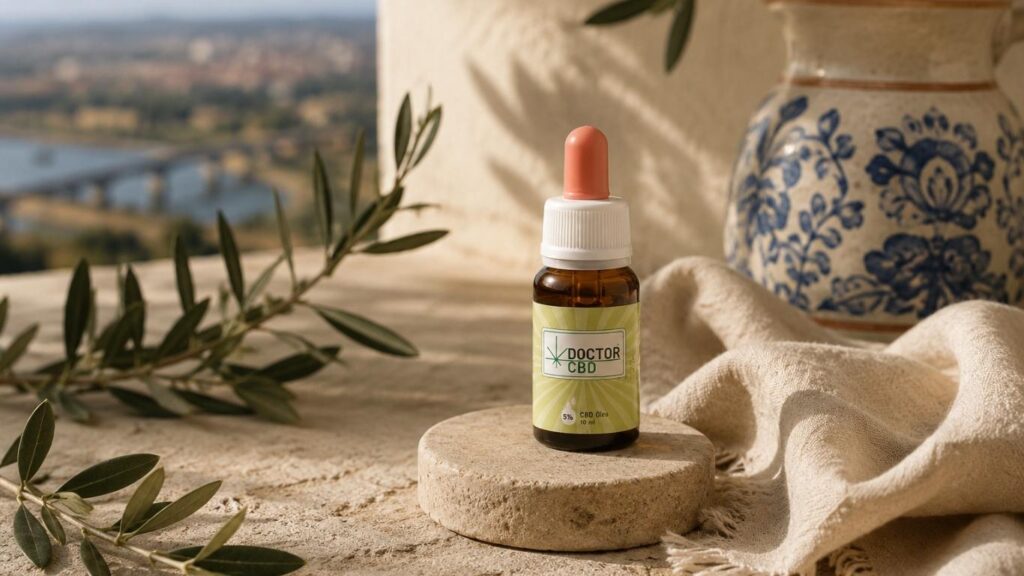 Frasco de óleo Doctor CBD sobre base de pedra, com folhas de oliveira, tecido claro e jarra decorativa em cerâmica azul e branca, numa composição associada a CBD em Santarém.