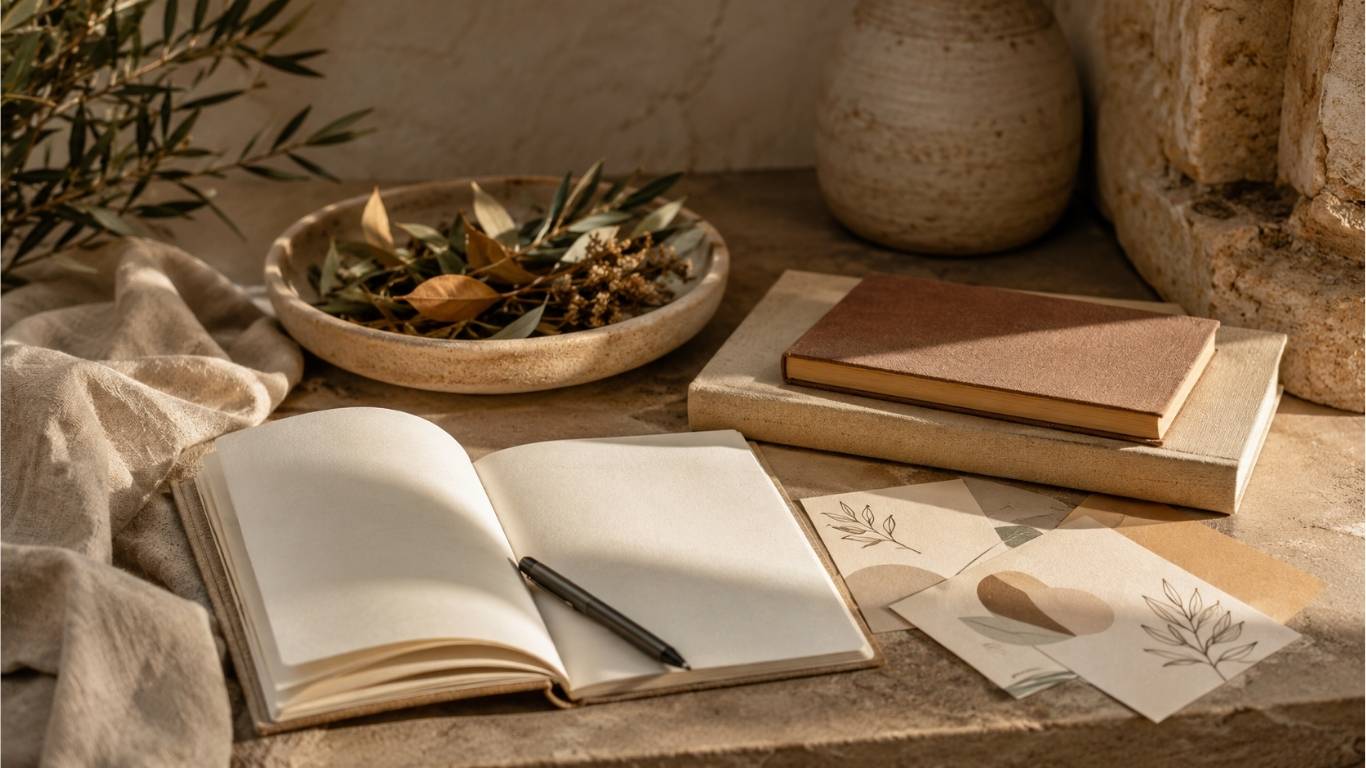 Caderno aberto com caneta, livros empilhados, prato com folhas secas e cartões ilustrados sobre uma superfície de pedra, numa imagem relacionada com CBD em Santarém.