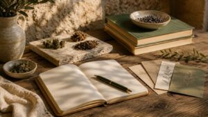 Caderno aberto com caneta sobre mesa de madeira, ao lado de livros, pequenos ramos botânicos, flores secas e taças decorativas, num cenário ligado a CBD em Santarém.