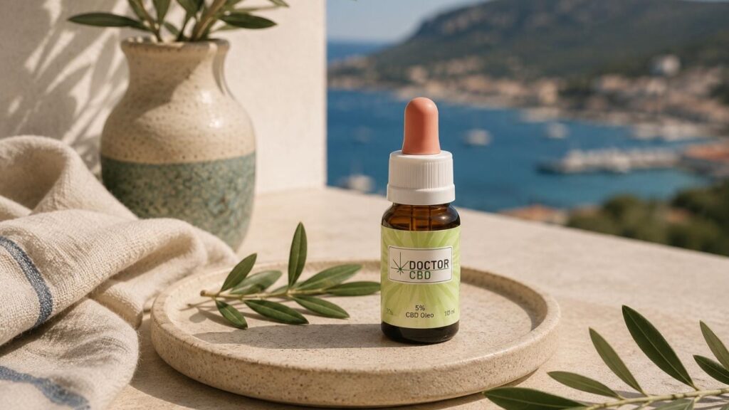 Frasco de óleo Doctor CBD sobre base de pedra, com folhas de oliveira, tecido claro e vista para o mar ao fundo, numa imagem sobre CBD em Setúbal.