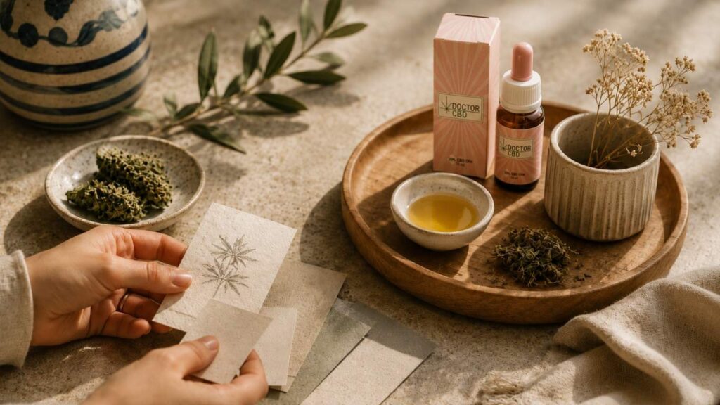 Mãos a segurar cartões com ilustrações botânicas junto a óleo Doctor CBD, flores CBD, taças e elementos naturais, numa imagem relacionada com CBD em Setúbal.