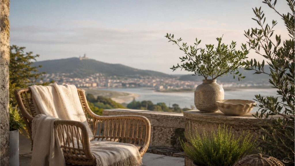 Cadeira de descanso com manta numa varanda de pedra, com vaso decorativo e vista ampla sobre o rio e a cidade, numa imagem associada a CBD em Viana do Castelo.