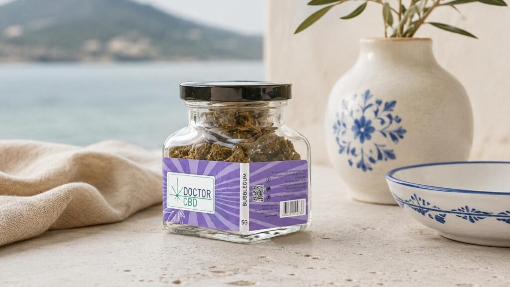 Frasco de flores CBD Doctor CBD sobre superfície clara, com cerâmica azul e branca e vista desfocada para o rio ao fundo, numa imagem sobre CBD em Viana do Castelo.
