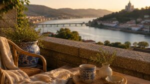 Varanda com cadeira de vime, manta, chávena e peças de cerâmica azul e branca, com vista para o rio ao pôr do sol, numa imagem associada a CBD em Viana do Castelo.