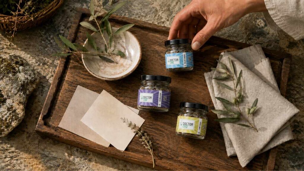 Vários frascos de flores CBD Doctor CBD organizados numa bandeja de madeira com ramos de oliveira, tecidos naturais e cartões em branco, numa imagem sobre CBD em Vila Real.