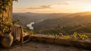 Varanda de pedra com cadeira de madeira e manta, com vista para o vale do Douro ao pôr do sol, numa imagem relacionada com CBD em Vila Real.