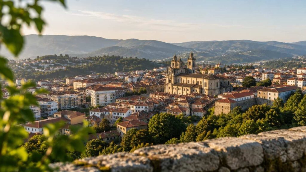 Vista ampla sobre a cidade de Viseu com edifícios históricos, telhados e serra ao fundo, numa imagem relacionada com CBD em Viseu.