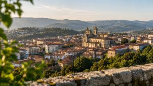 Vista ampla sobre a cidade de Viseu com edifícios históricos, telhados e serra ao fundo, numa imagem relacionada com CBD em Viseu.