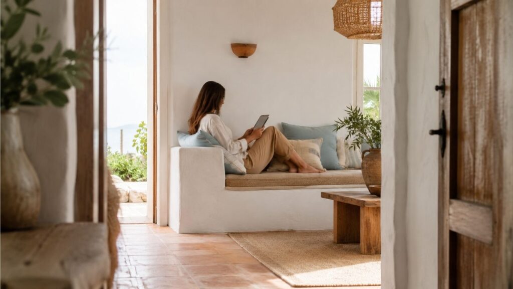 Mulher sentada num banco acolhedor junto à janela, a ler num tablet, num ambiente luminoso e tranquilo, numa imagem sobre CBD no Algarve.
