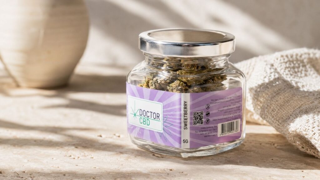 Frasco de flor Doctor CBD Sweetberry sobre superfície clara, com luz natural suave e tecido neutro, numa imagem sobre CBD no Algarve.