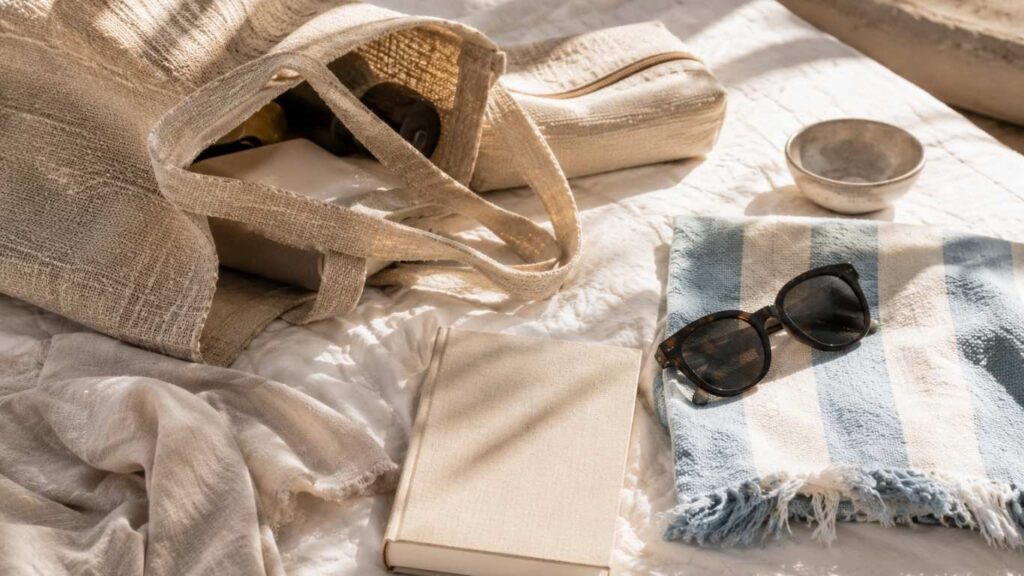 Composição com mala de tecido, livro, óculos de sol, toalha às riscas e pequenos acessórios sobre cama branca, numa imagem relacionada com CBD no Algarve.