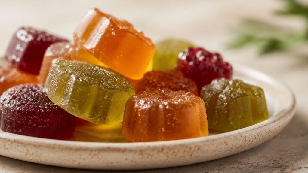 Gummies CBD Portugal: Como Explorar Este Formato De CBD 1 Close-up de gummies coloridas sobre um prato claro, com textura açucarada e luz suave, numa imagem sobre Gummies CBD Portugal.