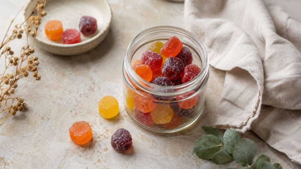 Gummies CBD Portugal: Como Explorar Este Formato De CBD 3 Vista de cima de um frasco de vidro com gummies coloridas, acompanhado por alguns doces espalhados sobre superfície clara, numa imagem sobre Gummies CBD Portugal.