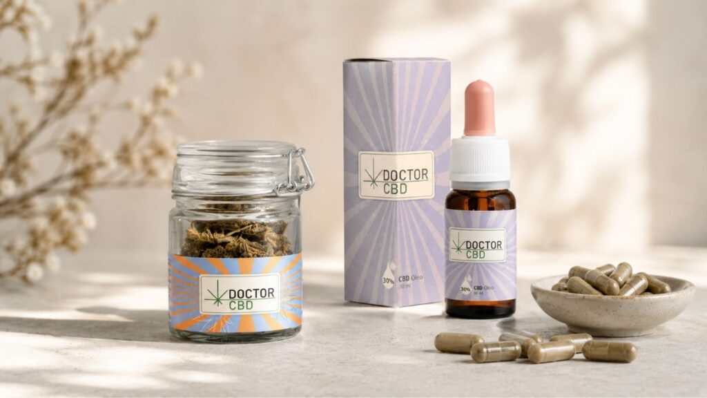 Composição com flor CBD, óleo Doctor CBD e cápsulas dispostas numa pequena taça, numa imagem sobre Cápsulas CBD.